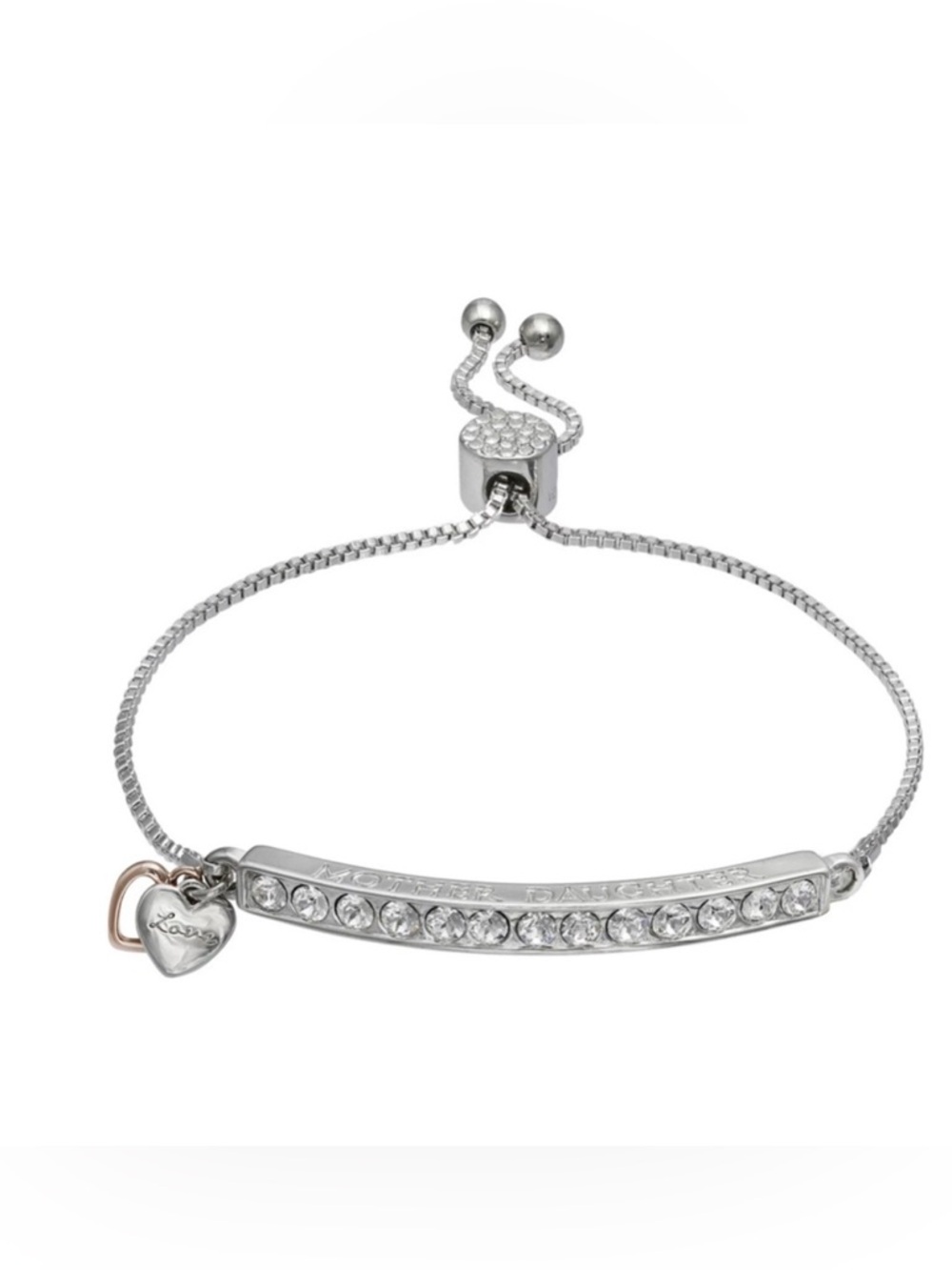 Silver Crystal Bar Slider Bracelet with Heart Accent - "Mother Daughter"